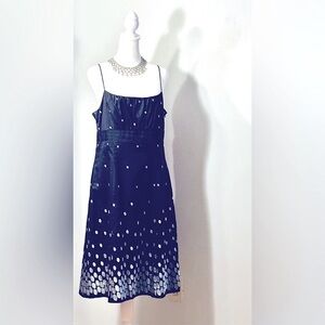 Ann Taylor 10P Blue & Silver Polkadots Dress Fit & Flare Preppy Retro Night out